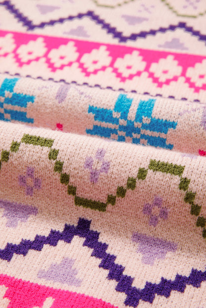 Multicolour Ethnic Christmas Pattern Knit Feather Cuffed Sweater