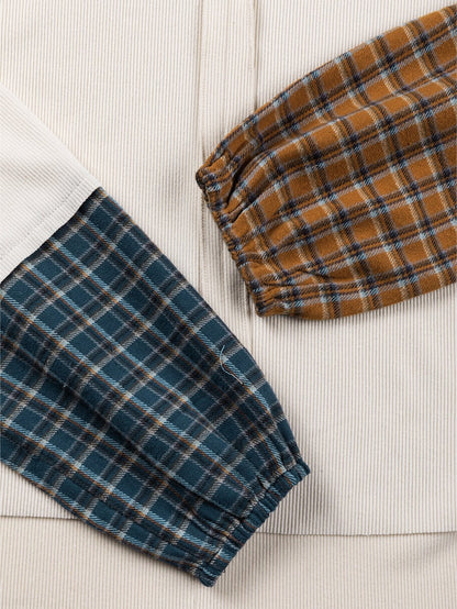 Gray Tartan Patchwork Distressed Long Sleeve Blouse