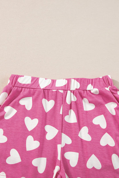 Heartfelt Pink Valentine's Day Lounge Set with Heart Print Top and Shorts