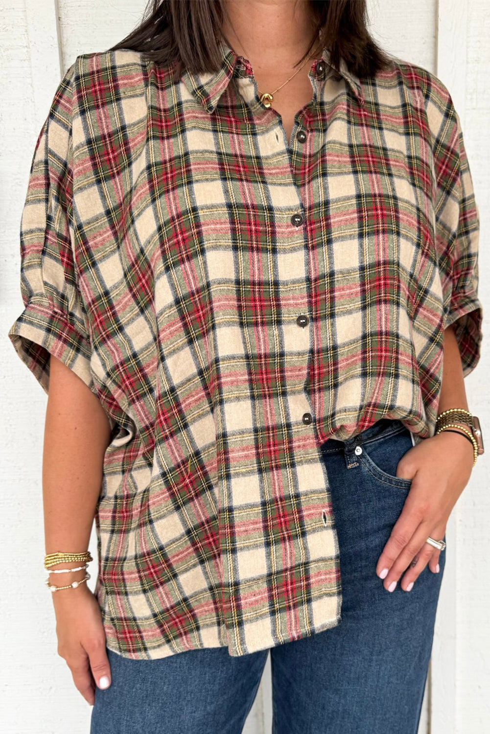 Parchment Retro Plaid Half Sleeve Loose Shirt