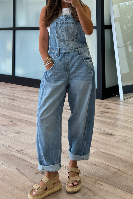 Dusk Blue Adjustable Buckle Barrel Denim Overalls