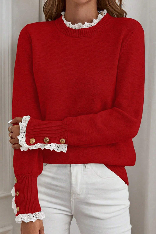Racing Red Lace Trim Patchwork Buttoned Cuffs Loose Sweater