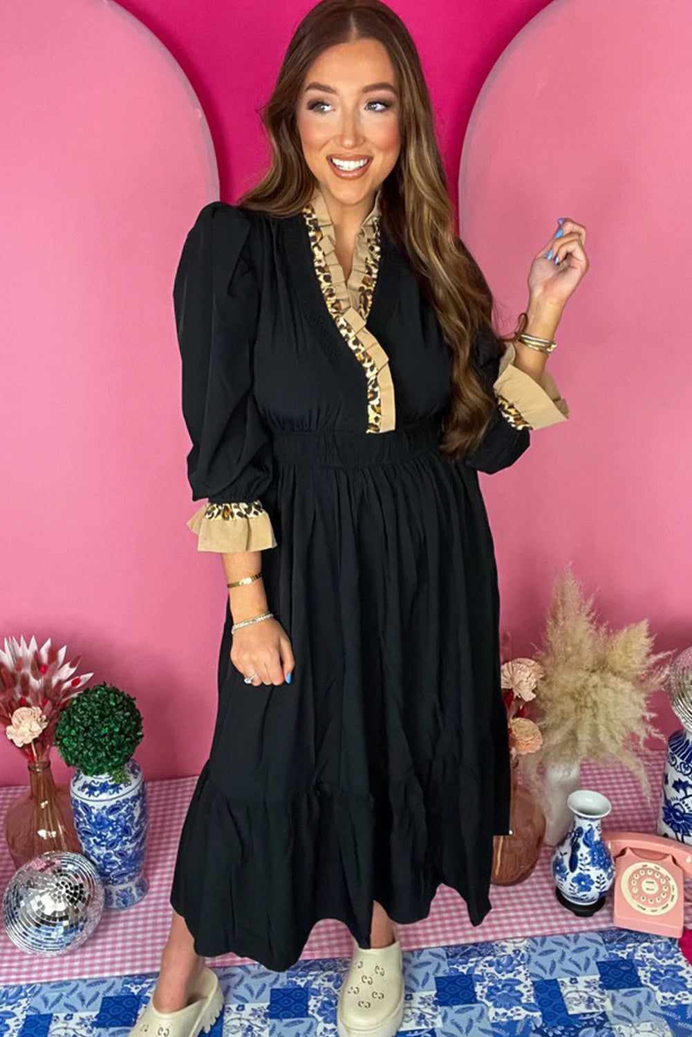 Black Contrast Frilled Trim V Neck 3/4 Ruffled Sleeve Flowy Midi Dress