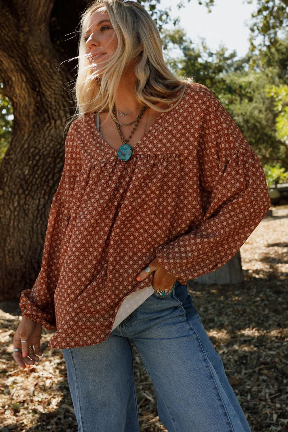 Brown Geometric Printed V Neck Drop Shoulder Puff Sleeve Blouse