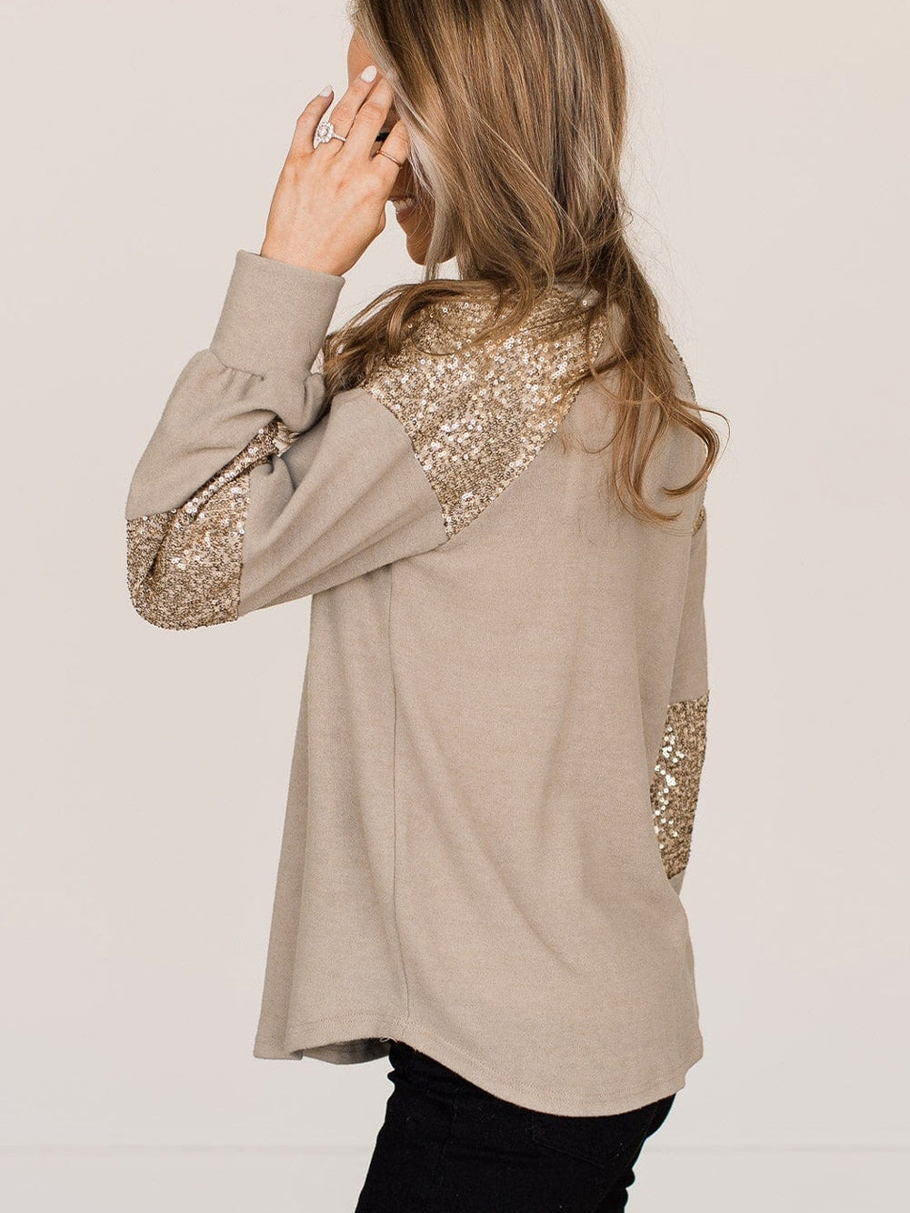 French Beige Sequin Embellished Long Sleeve Blouse