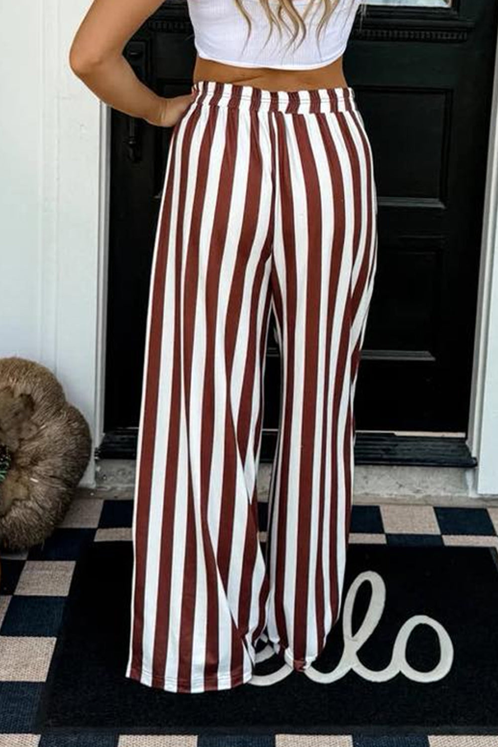 Brown Stripe Drawstring Elastic Waist Flowy Wide Leg Pants