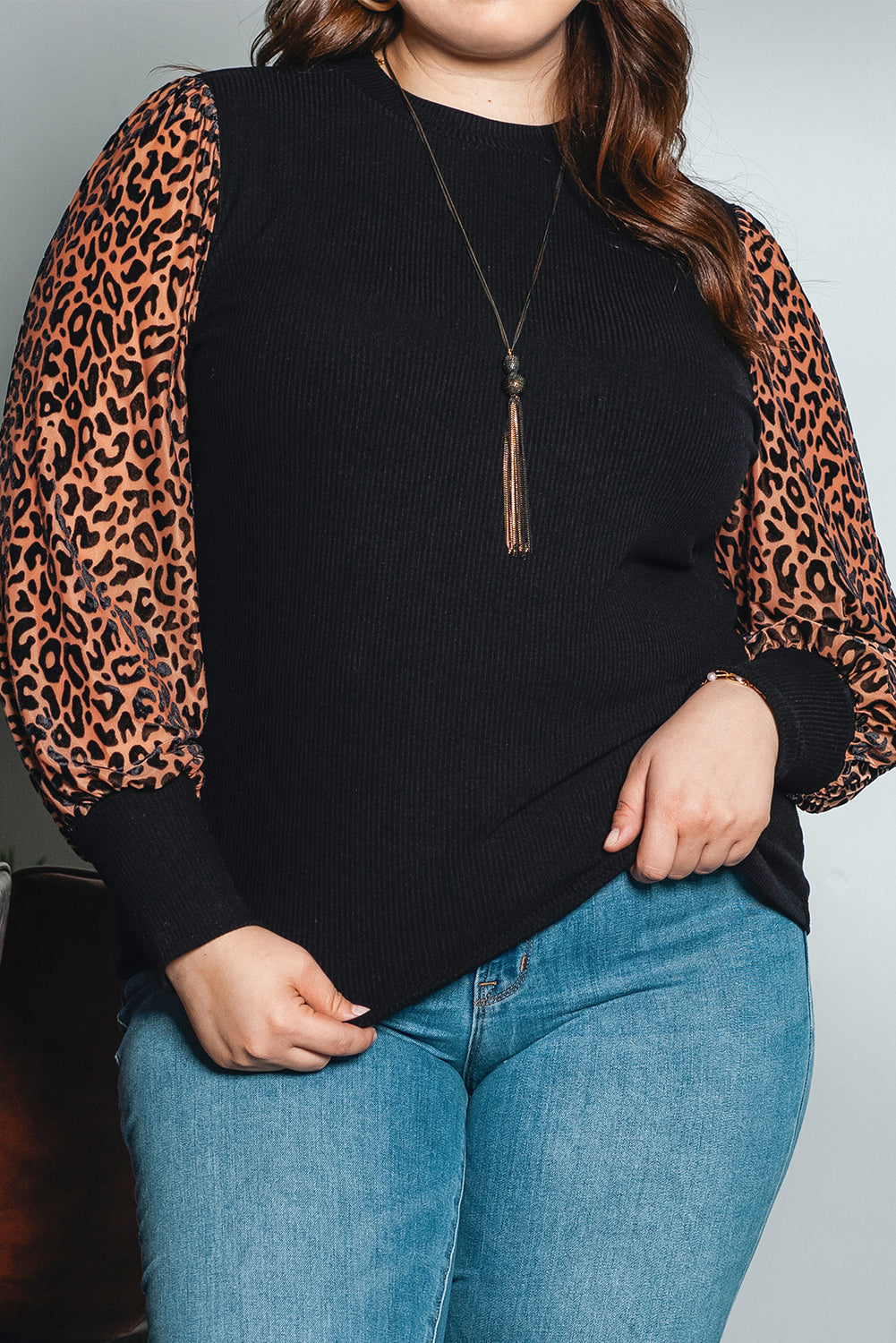 Leopard Print Mock Neck Ribbed Knit Top for Plus Size Women
