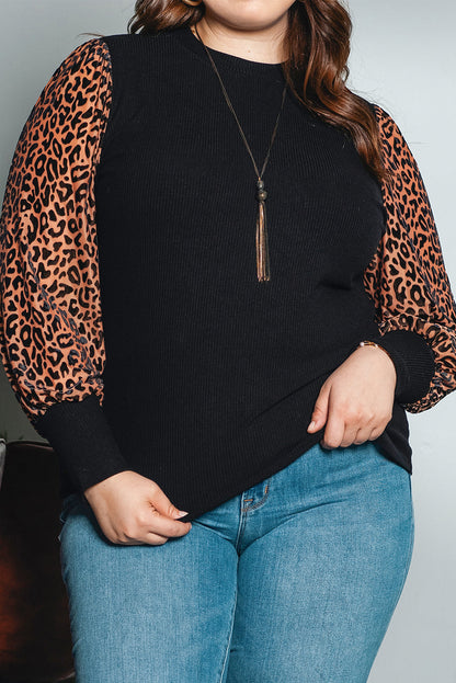 Leopard Print Mock Neck Ribbed Knit Top for Plus Size Women