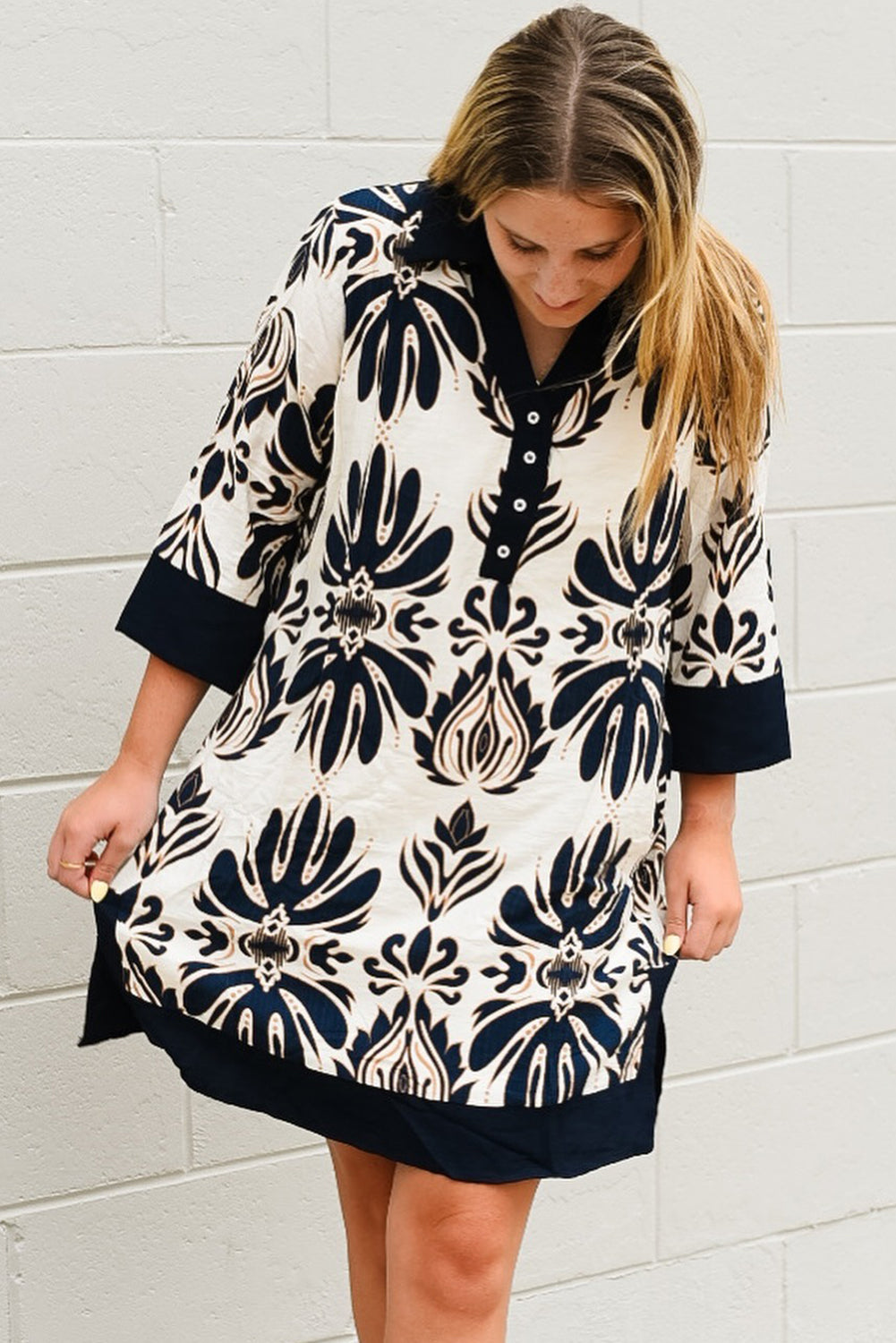 Black Vacation Floral Print Color Block Trim Shirt Collar 3/4 Sleeve Shift Mini Dress