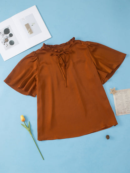 Chestnut Frilled Split Neck Plus Size Satin Blouse