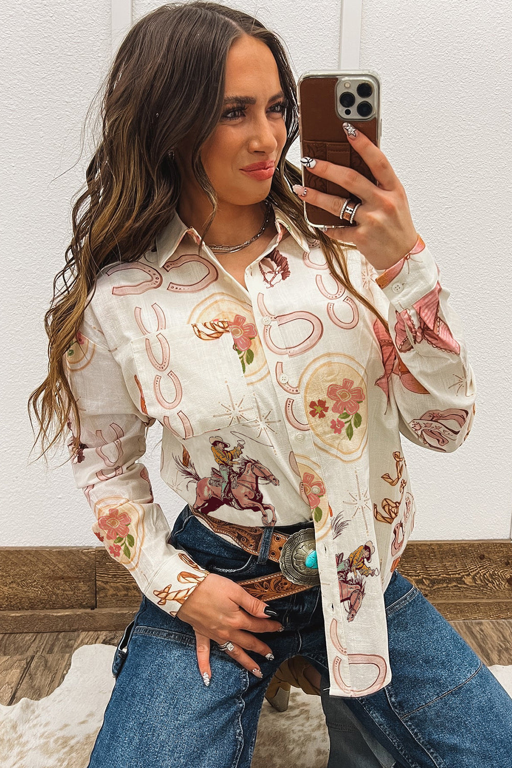 White Western Pattern Print Button-up Loose Shirt