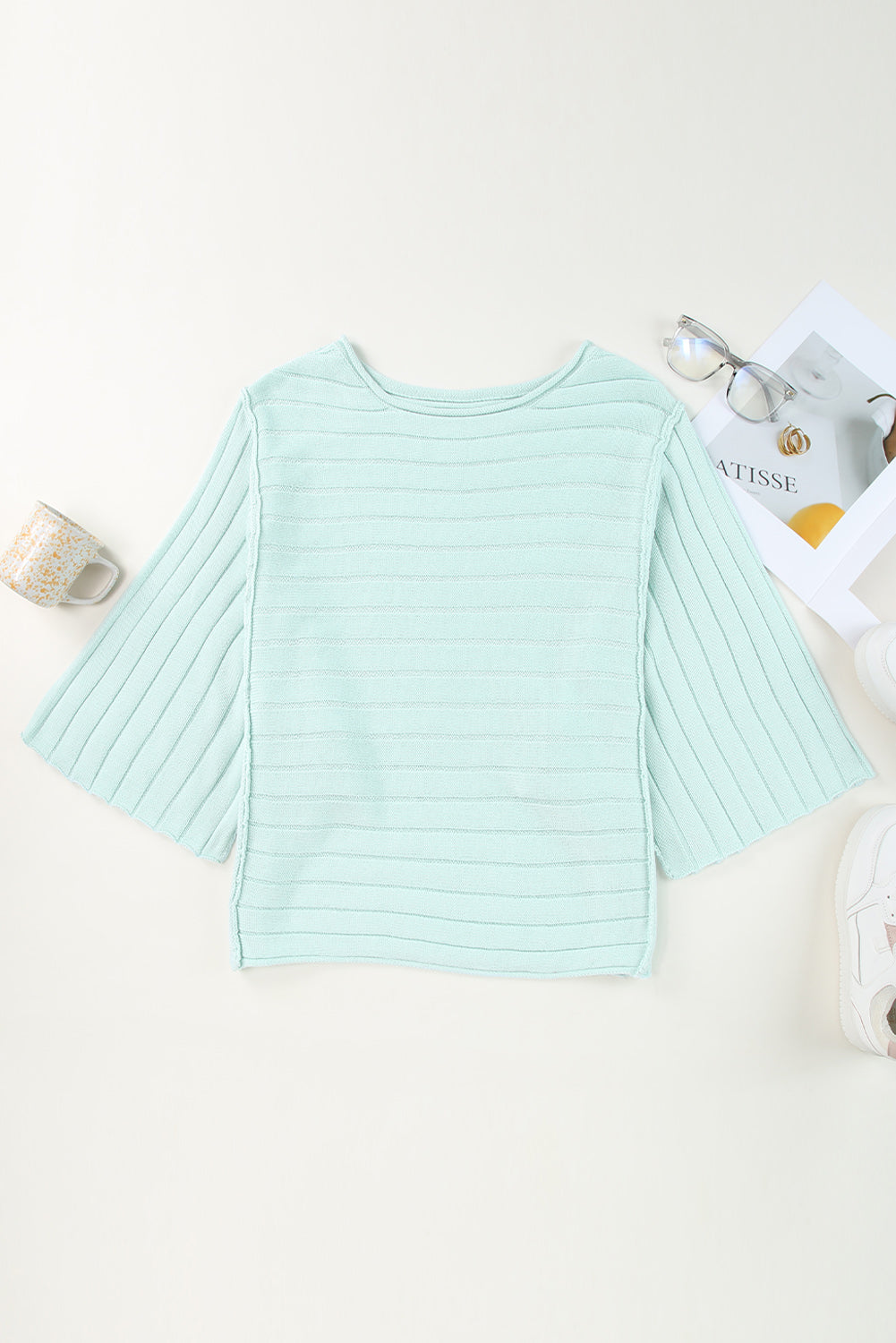 Green Exposed Seam Dolman Sleeve Ribbed Knit Top