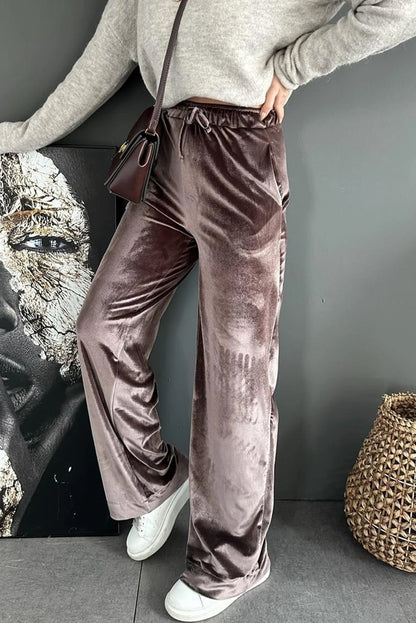 Goat Shiny Velvet Drawstring High Waist Straight Leg Casual Pants