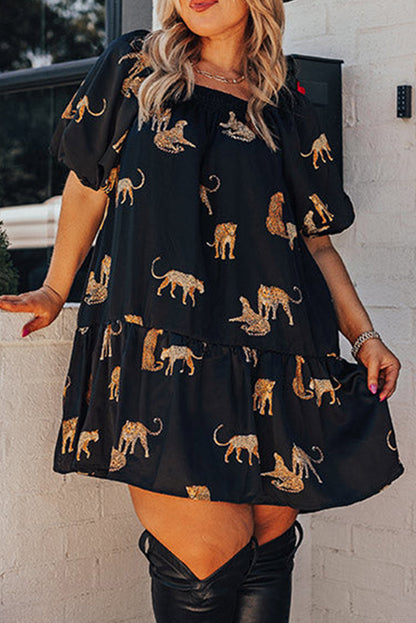Cheetah Wonderland Plus Size Mini Dress with Puff Sleeve Flair