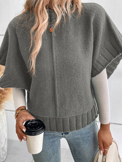 Grey Batwing Knit Sweater with Mock Neck