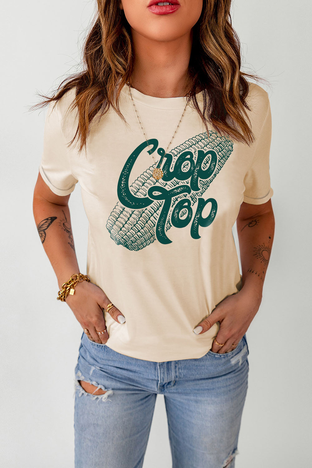 Khaki Corn Print Crop Top Tee
