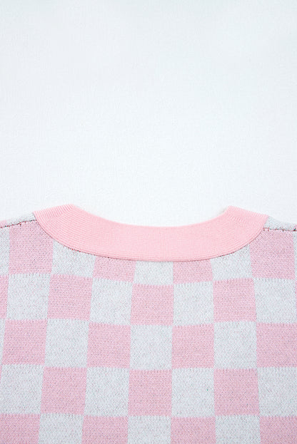 Pink Checkered Christmas Tree Pattern Button V Neck Cardigan Sweater