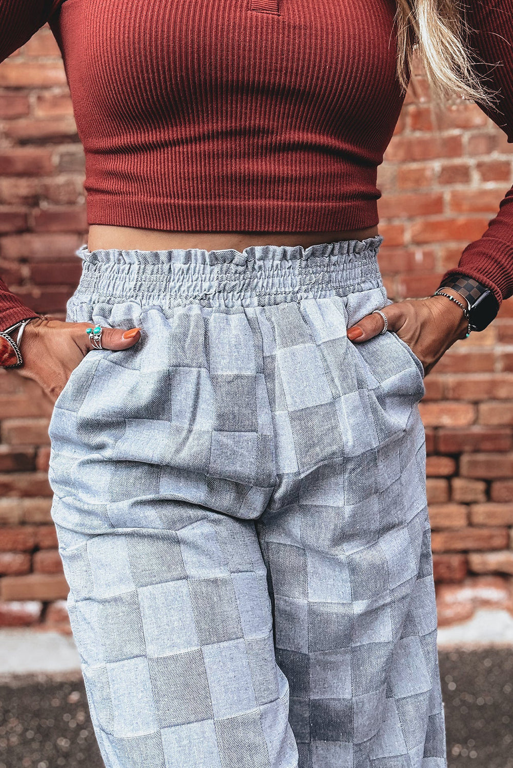 Sky Blue Frilled Elastic Waist Checkered Loose Denim Pants