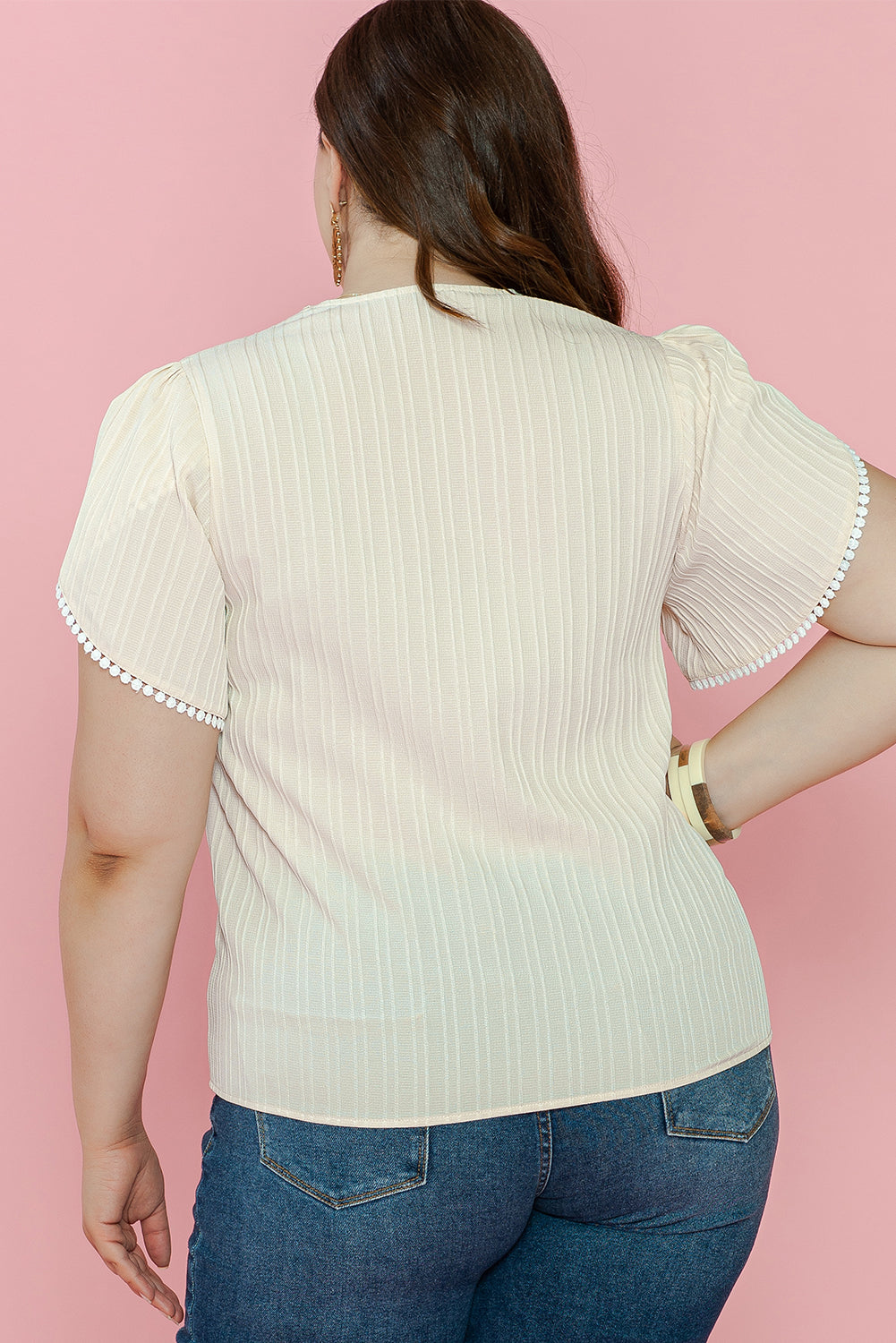 Elegant Beige Lace Detail Petal Sleeve Plus Size Blouse