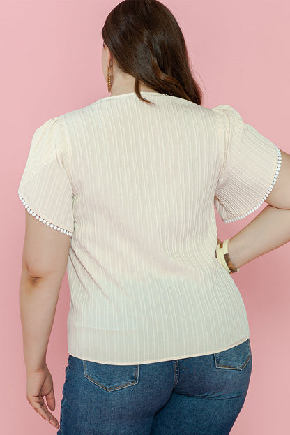 Elegant Beige Lace Detail Petal Sleeve Plus Size Blouse