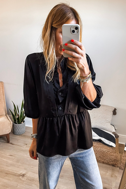 Black Satin Half Button Lace Insert Neckline 3/4 Sleeve Peplum Blouse