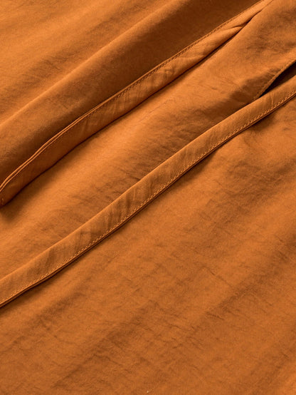 Graceful Camel Satin Pleated V Neck Puff Sleeve Blouse