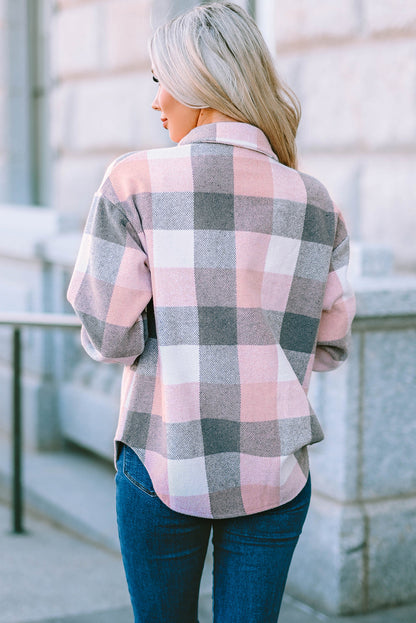 Pink Gray Plaid Color Block Buttoned Long Sleeve Jacket with Pocket
