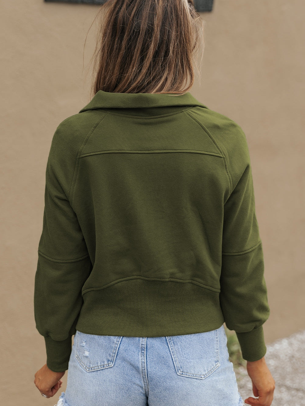 Green Ribbed Stand Collar Thumbhole Sleeve Casual Sweatshirt with Zipper