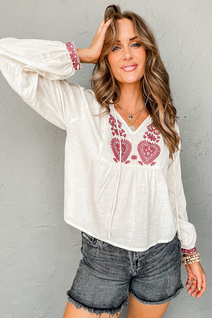 White Contrast Embroidery Detail Cuffed Long Sleeve Tie Neck Blouse