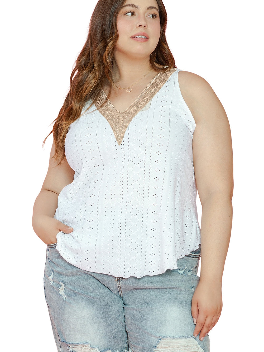 White Plus Size Guipure V Neck Eyelet Lace Tank Top