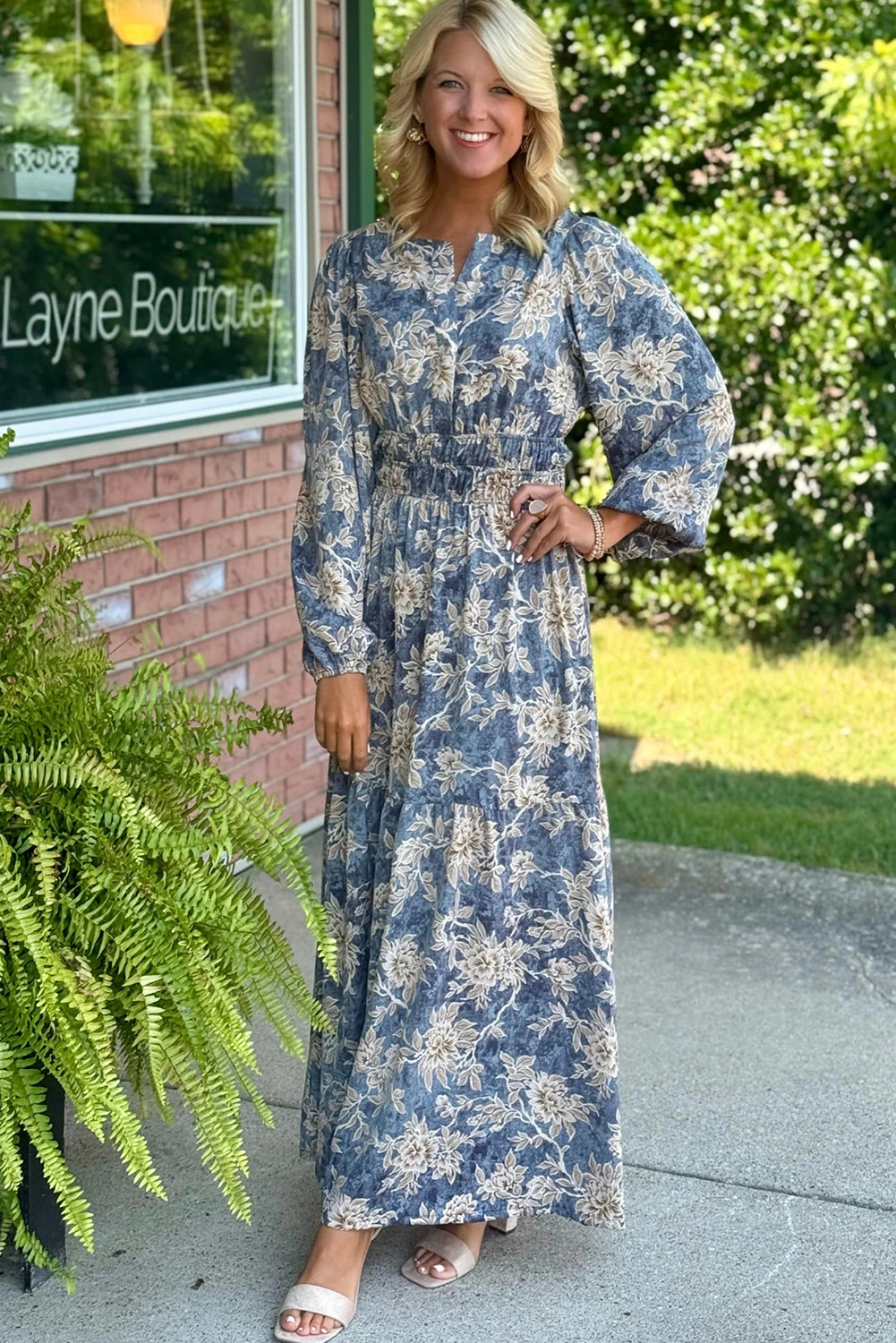 Sky Blue Floral Print Smocked High Waist Long Sleeve Maxi Dress
