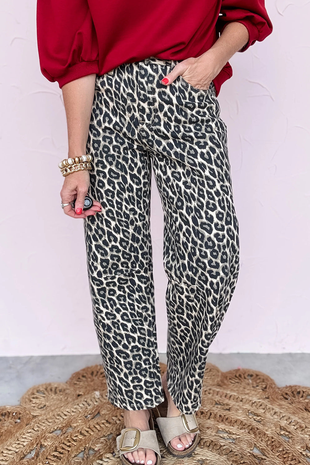 Black Leopard Print Barrel Jeans