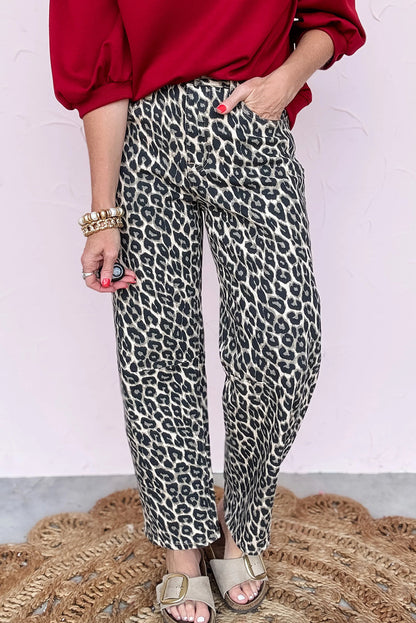 Black Leopard Print Barrel Jeans
