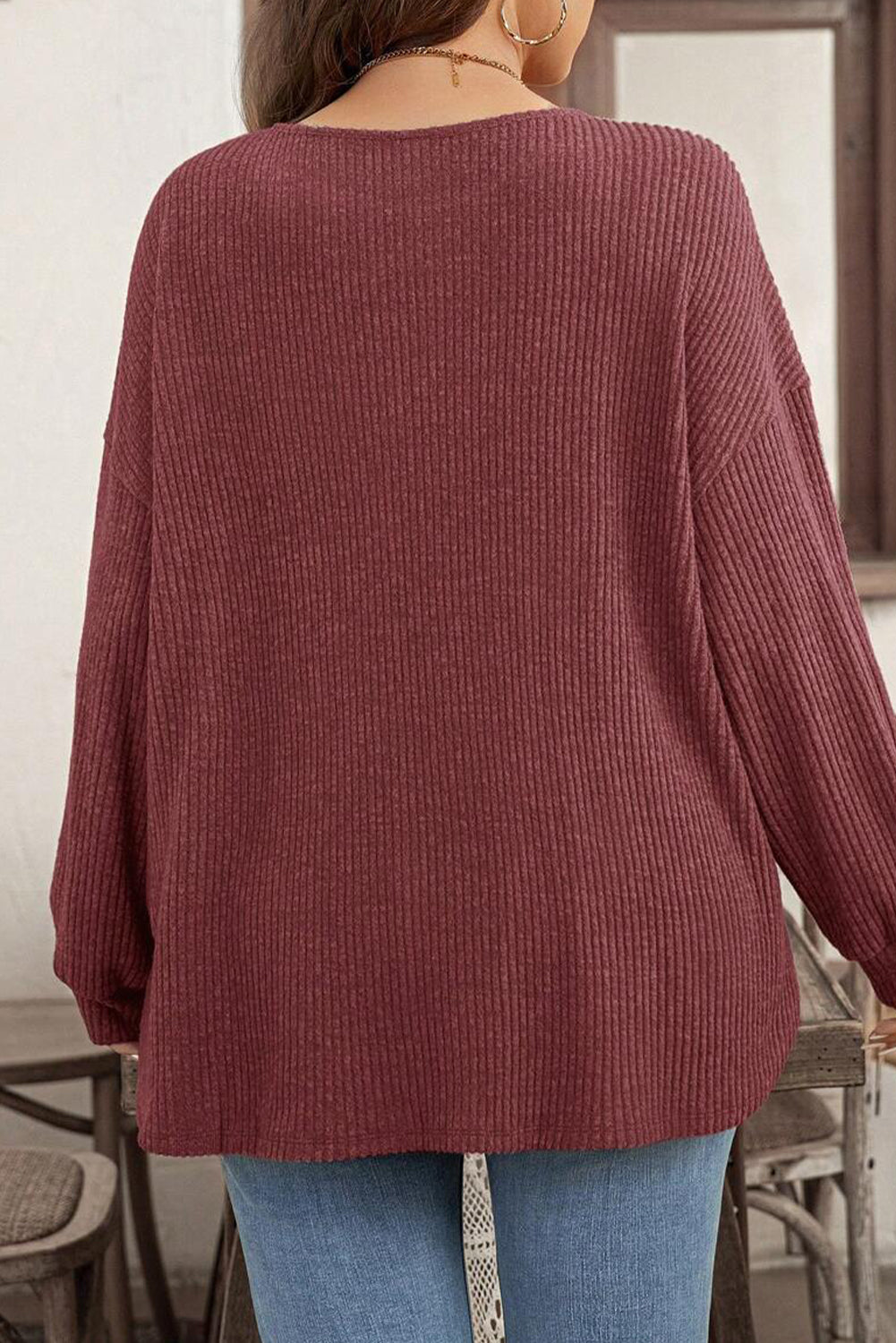 Wild Ginger Plus Size Ribbed Button Decor Long Sleeve Loose Top