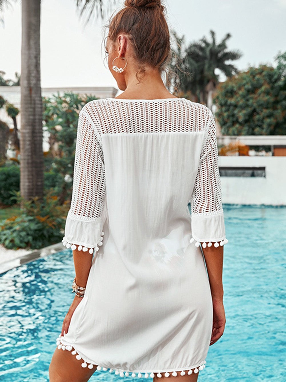 White Crochet Pom Pom Trim Beach Tunic Shift Dress