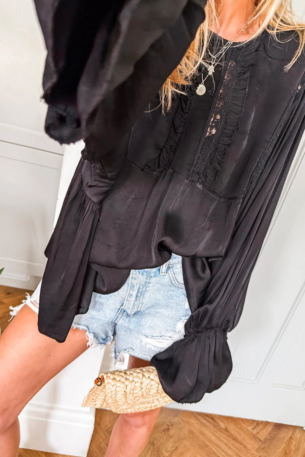 Black Silky Round Neck Lace Frilled Detail Long Sleeve Blouse