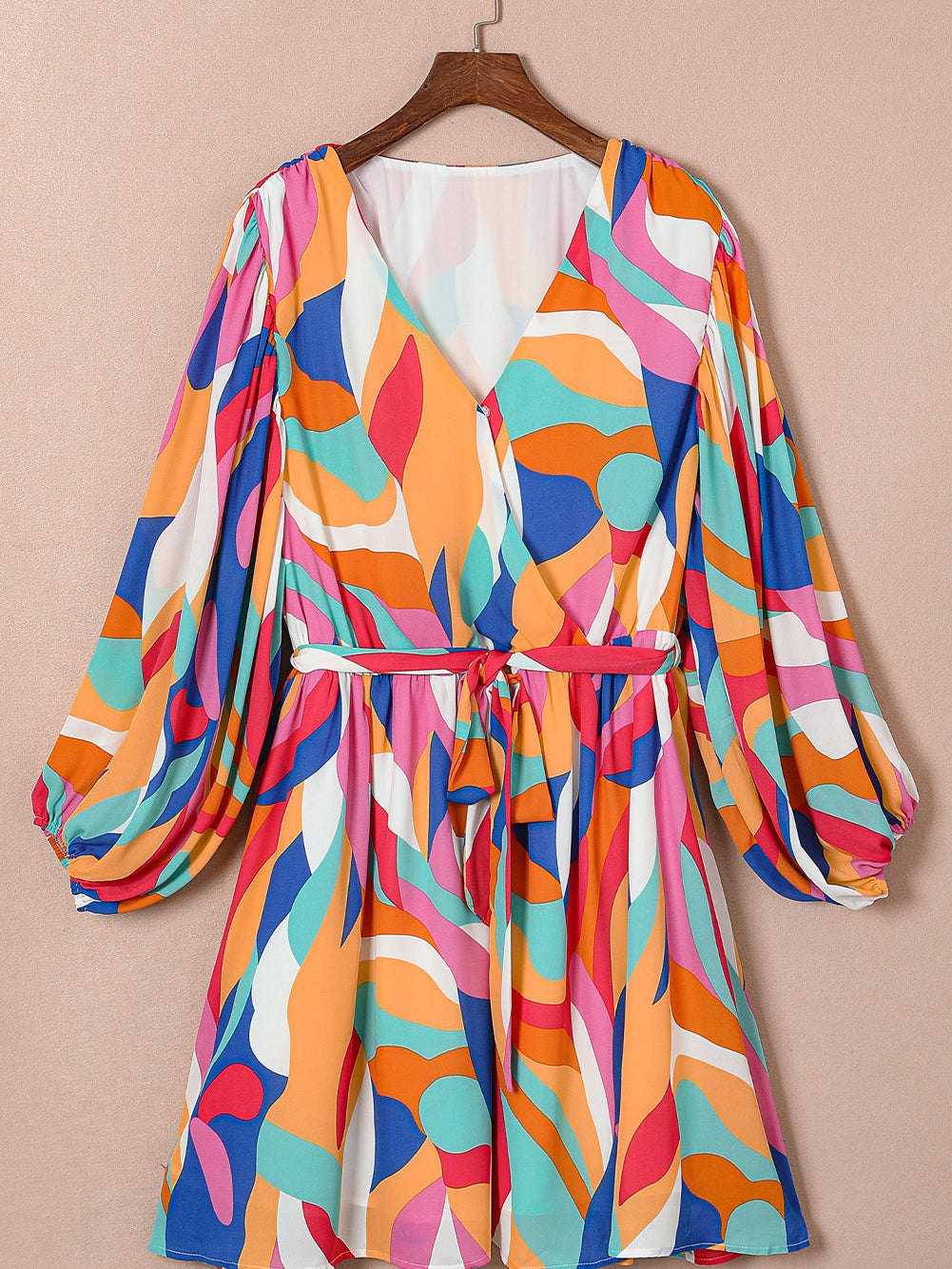 Vibrant Multicolor Abstract Print Plus Size Belted Shift Dress