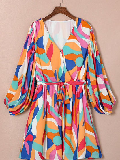 Vibrant Multicolor Abstract Print Plus Size Belted Shift Dress