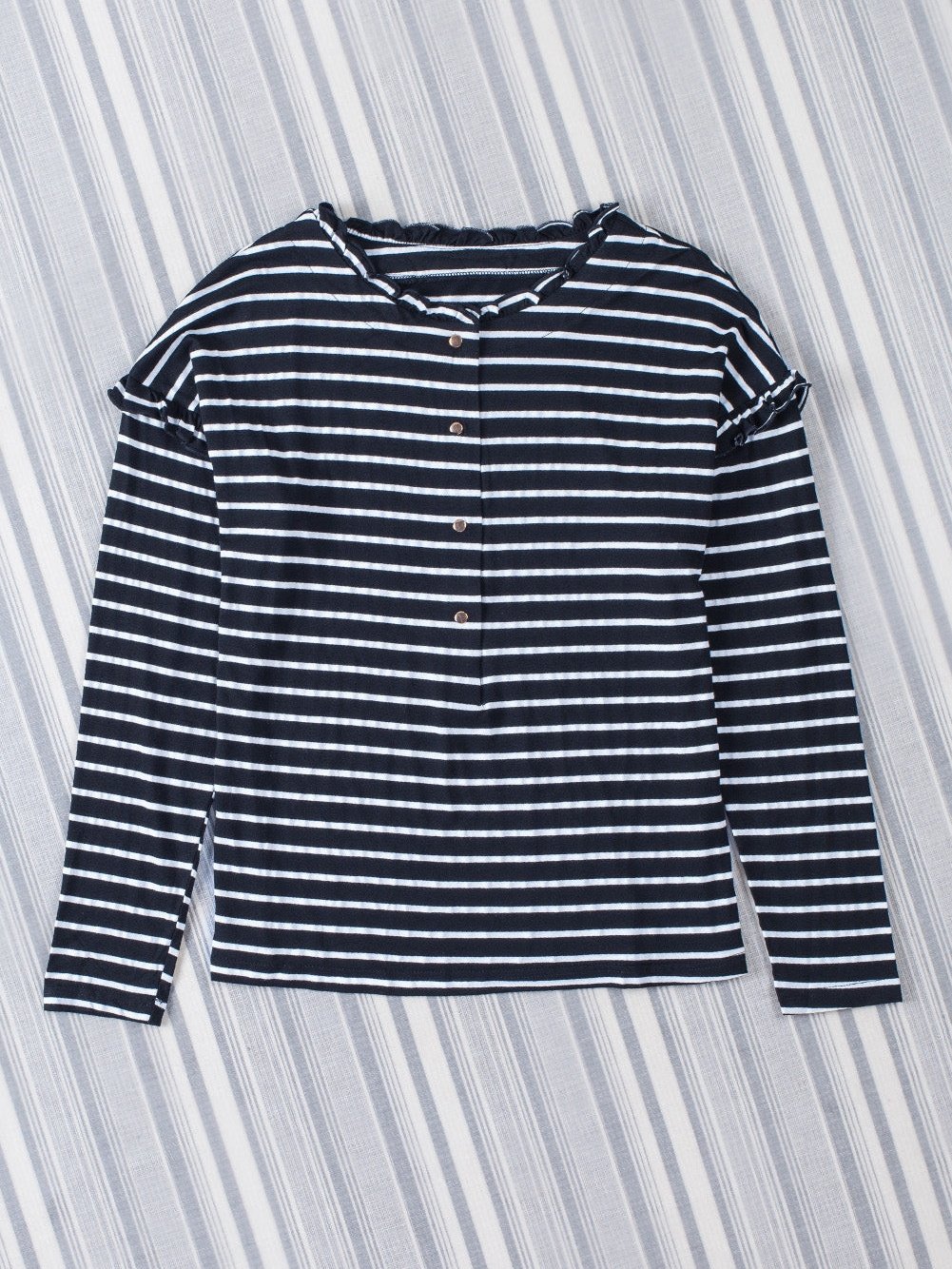 Elegant Black Striped Ruffled Button-Up Blouse