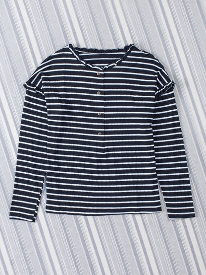 Elegant Black Striped Ruffled Button-Up Blouse