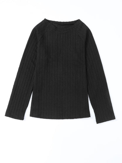 Elegant Black Ribbed Round Neck Long Sleeve Top