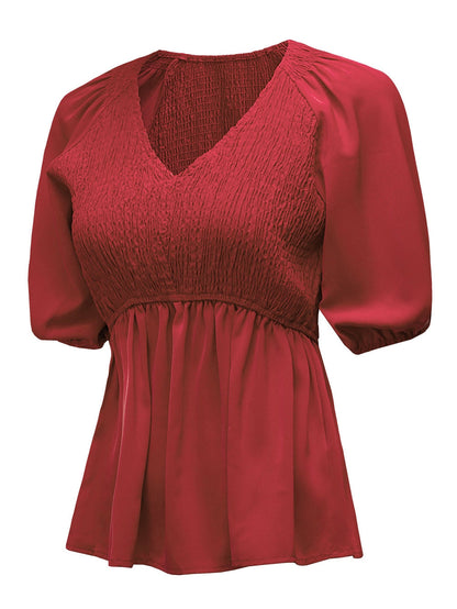 Fiery Crimson Smocked Peplum Blouse