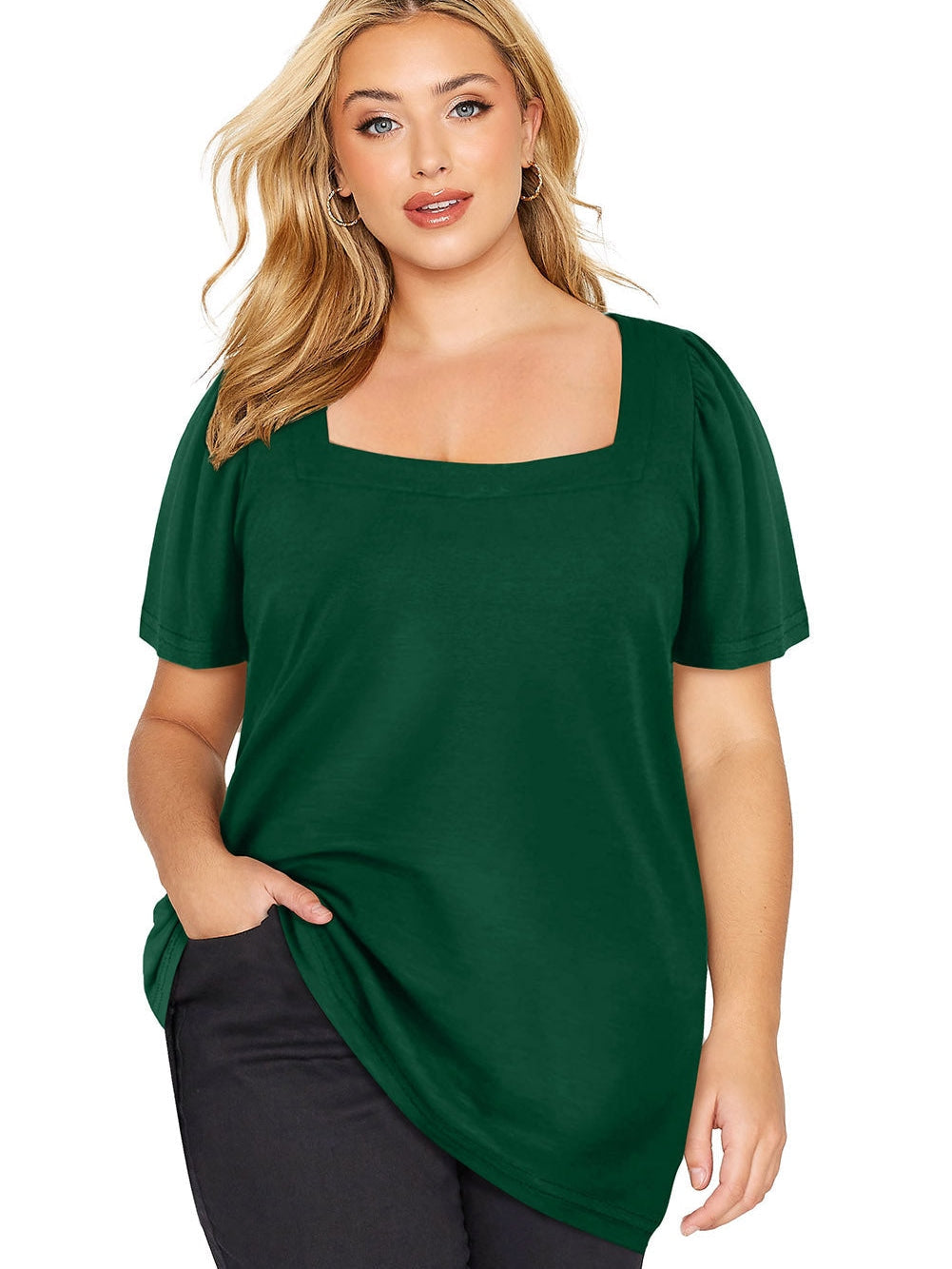 Ruched Shoulder Green Square Neck Plus Size Top