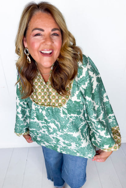 Green Plus Size Floral Print Mixed Patchwork Notched Neck Long Sleeve Blouse
