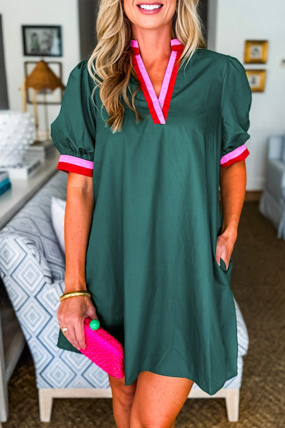 Evergreen Contrast Striped Notched V Neck Puff Sleeve Mini Dress