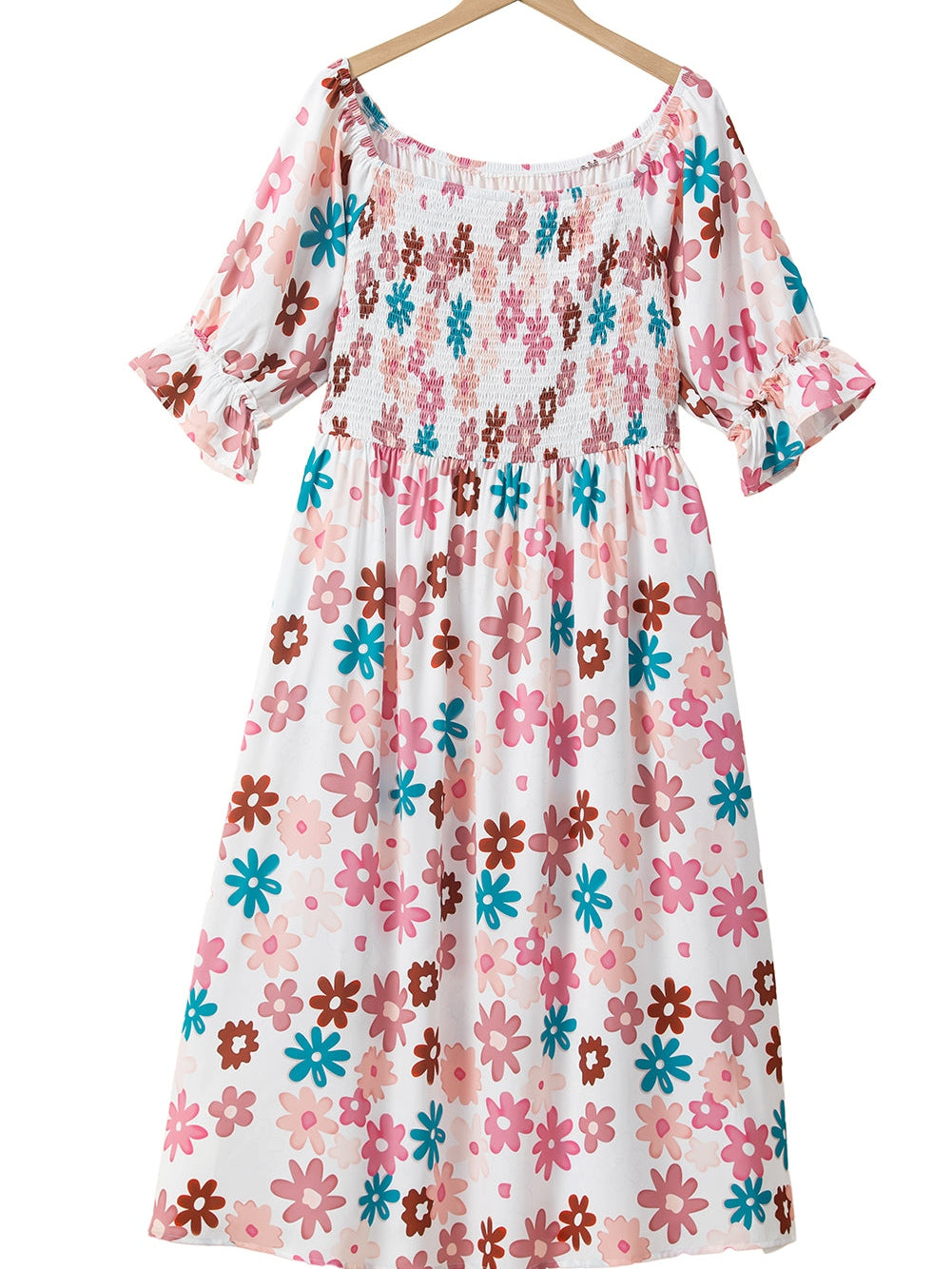 Floral Print Smocked Off Shoulder Plus Size Midi Dress in White