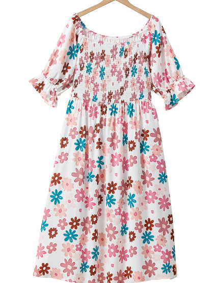 Floral Print Smocked Off Shoulder Plus Size Midi Dress in White