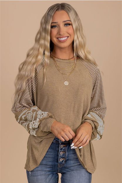 Brown Contrast Print Striped Raglan Long Sleeve Loose Top