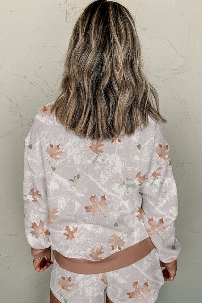 Brown Camo Maple Leaf Contrast Zipped Collar Pullover and Shorts 2pcs Set Outfit