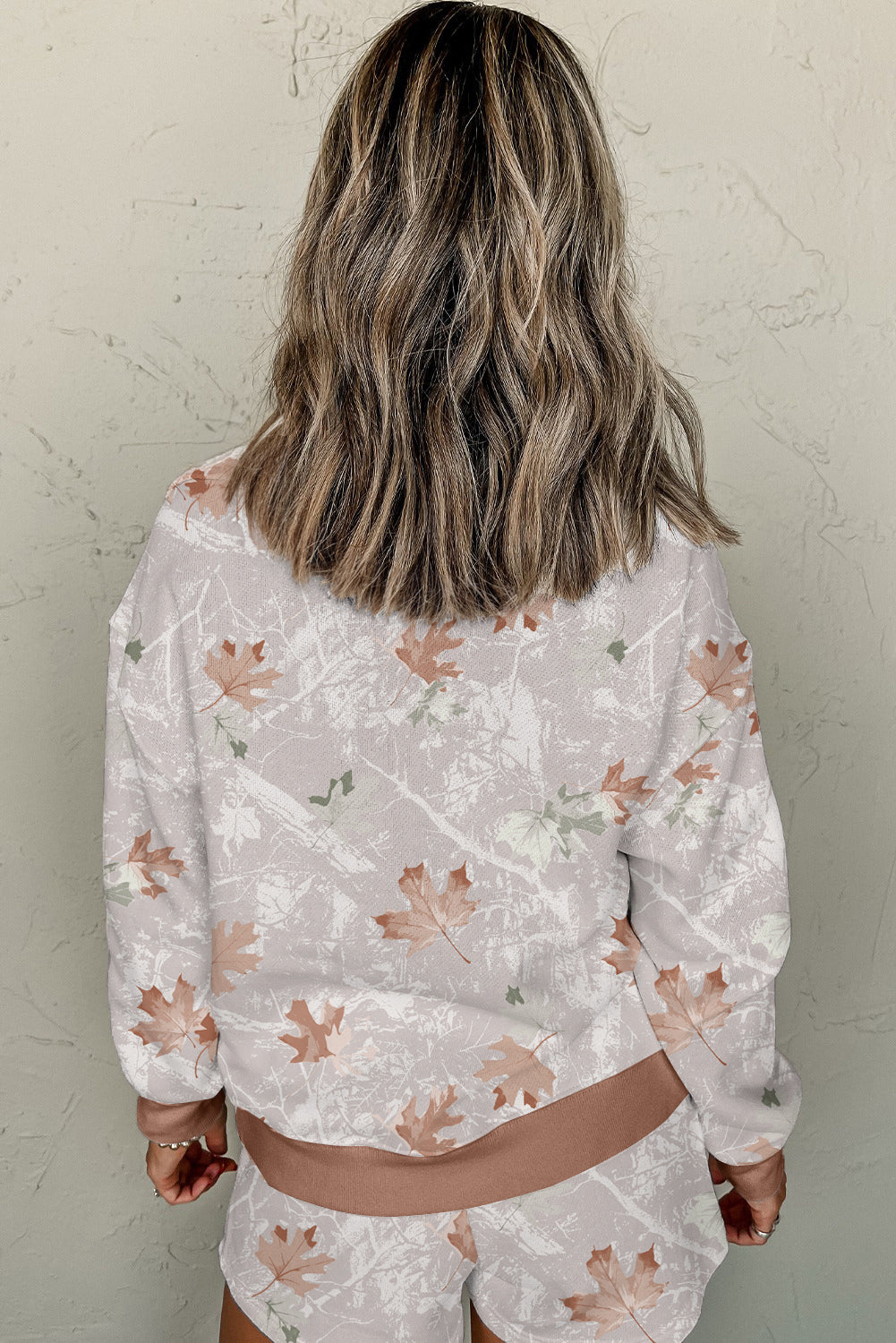 Brown Camo Maple Leaf Contrast Zipped Collar Pullover and Shorts 2pcs Set Outfit